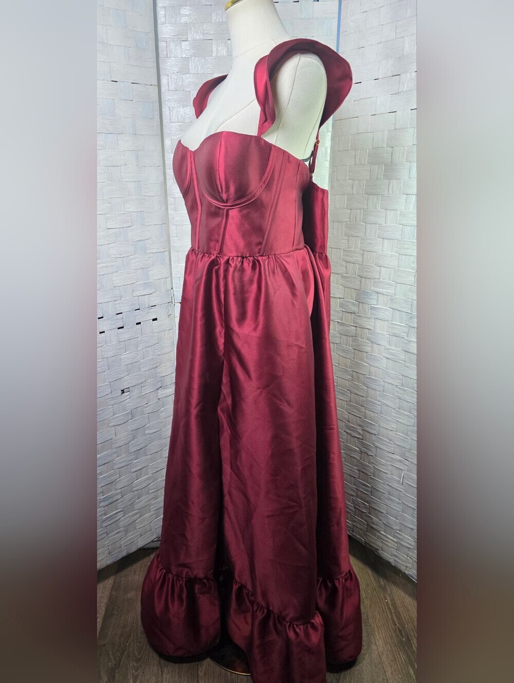 Dessy Collection Burgundy Satin Corset Gown with Slit - Picture 4 of 14